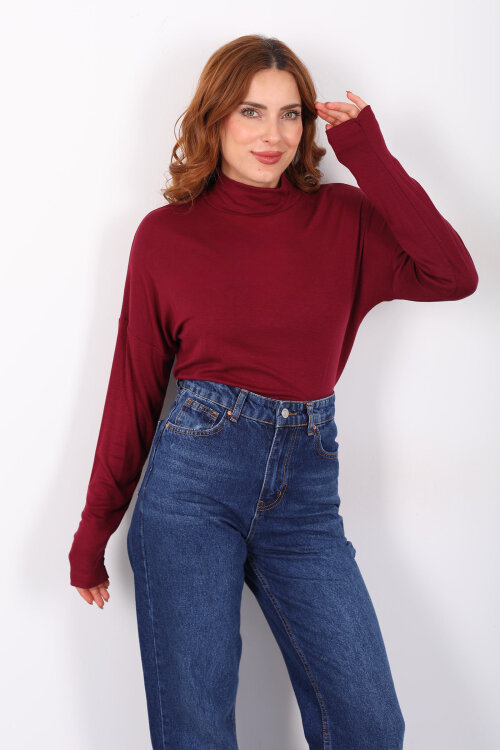 Dik Yaka Bordo Kadın Buzi Bluz - 4