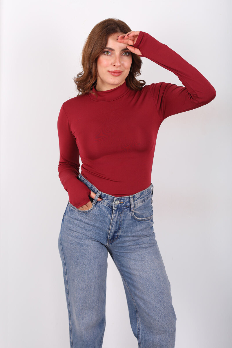 Dik Yaka Bordo Kadın Çıtçıtlı Body - 1