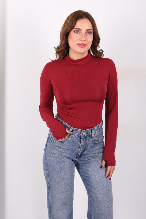 Dik Yaka Bordo Kadın Çıtçıtlı Body - 3