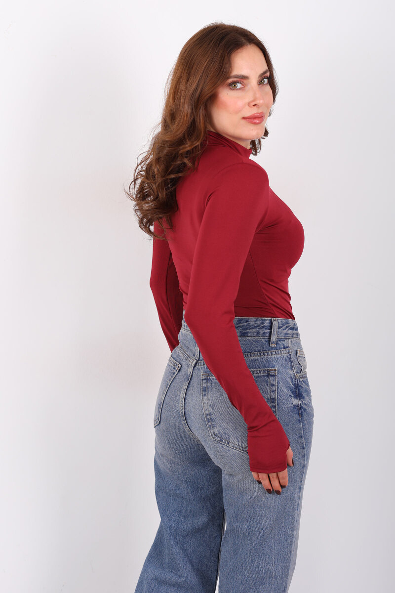 Dik Yaka Bordo Kadın Çıtçıtlı Body - 4