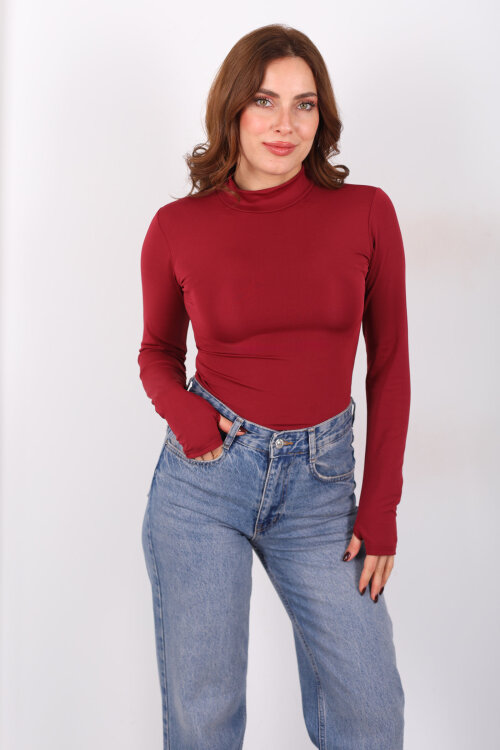Dik Yaka Bordo Kadın Çıtçıtlı Body - 5