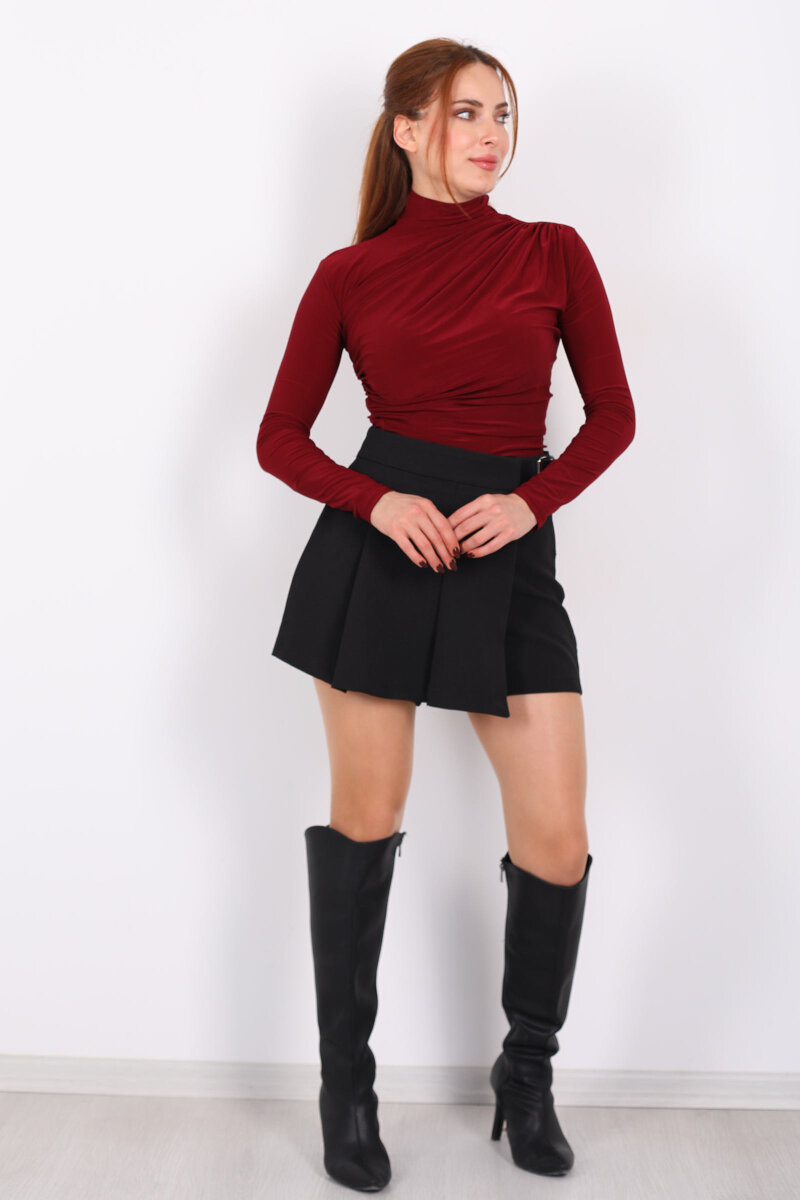 Dik Yaka Büzgü Detaylı Bordo Kadın Sandy Bluz - 4