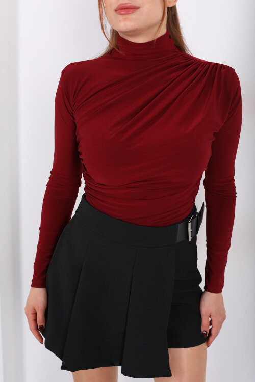 Dik Yaka Büzgü Detaylı Bordo Kadın Sandy Bluz - Berox (1)