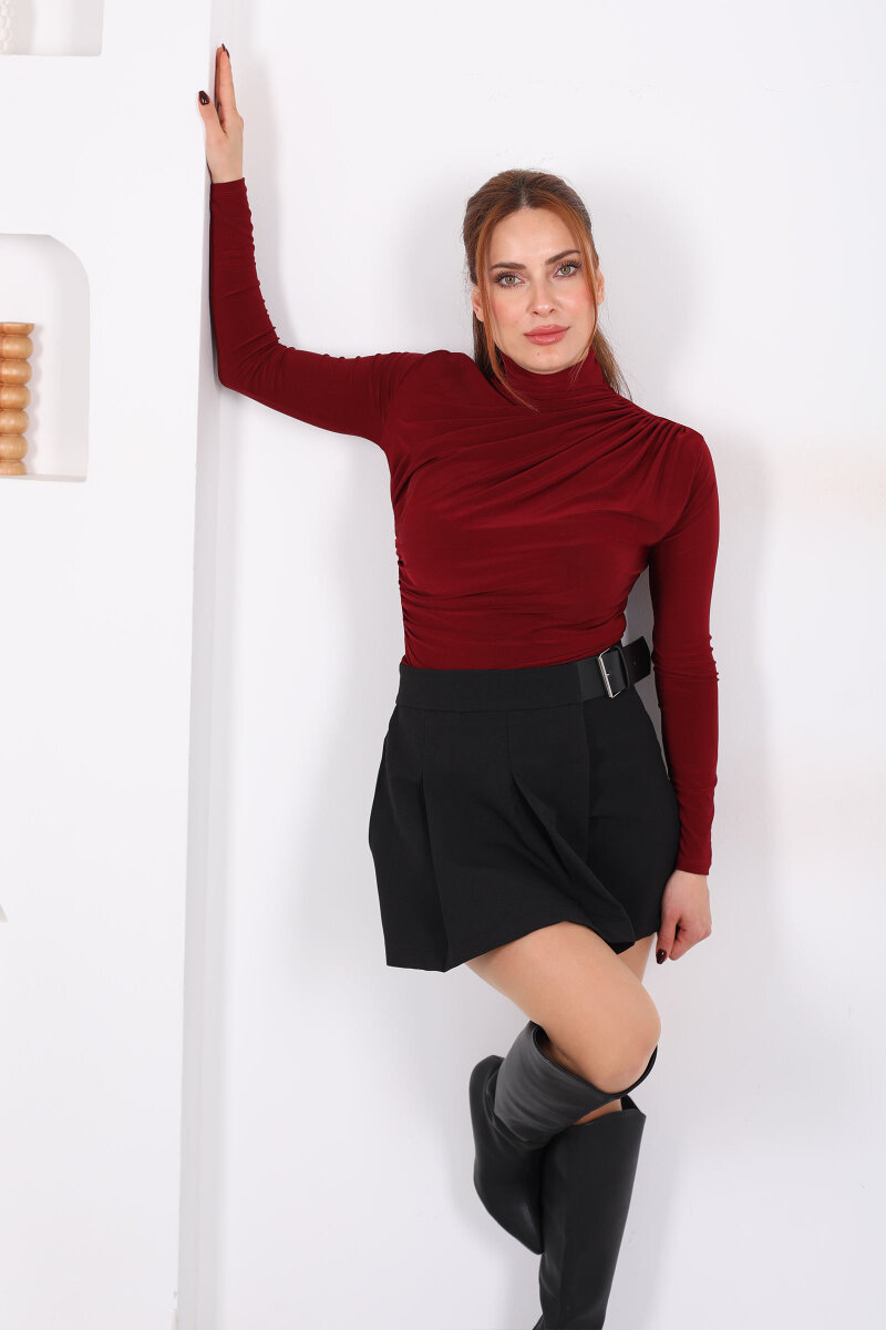 Dik Yaka Büzgü Detaylı Bordo Kadın Sandy Bluz - 1