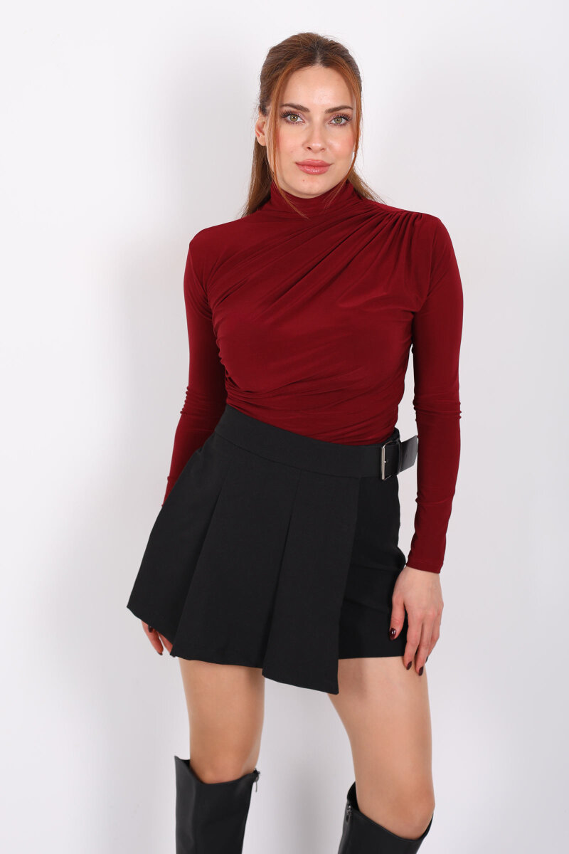 Dik Yaka Büzgü Detaylı Bordo Kadın Sandy Bluz - 3