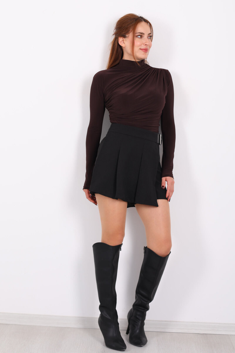 Dik Yaka Büzgü Detaylı Kahverengi Kadın Sandy Bluz - 4