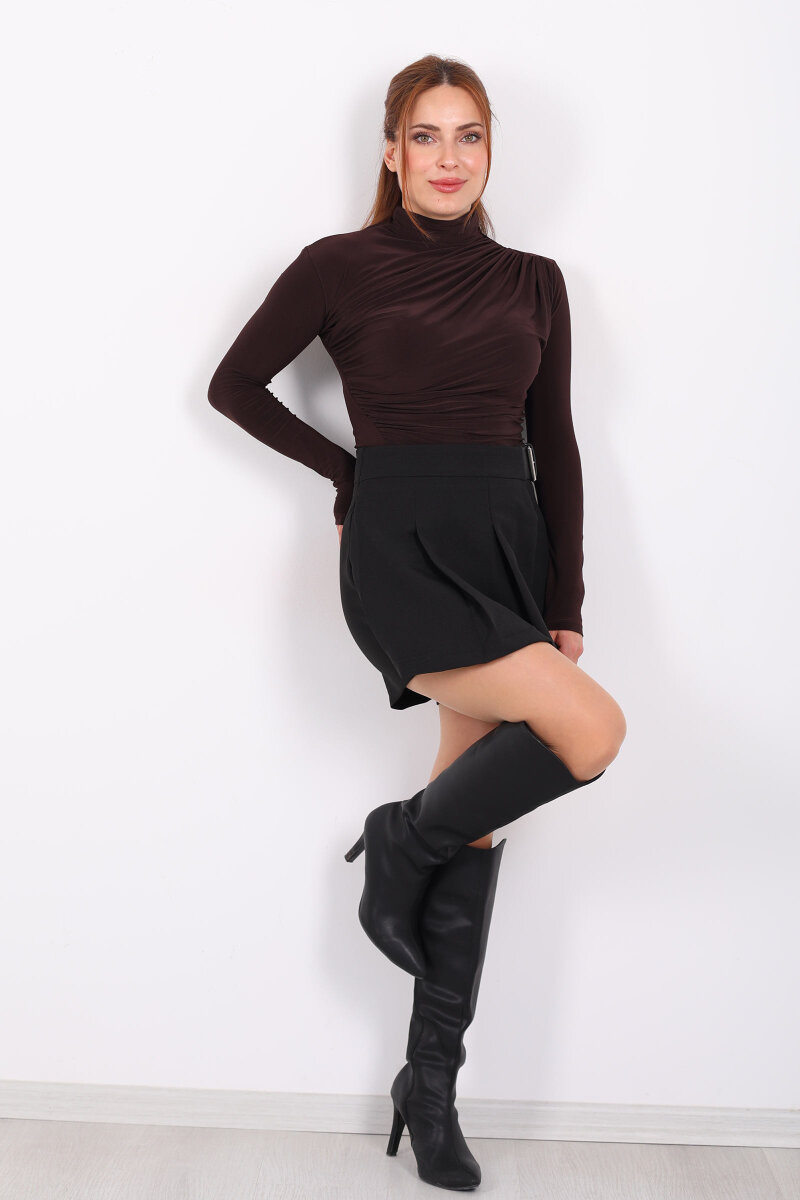 Dik Yaka Büzgü Detaylı Kahverengi Kadın Sandy Bluz - 1