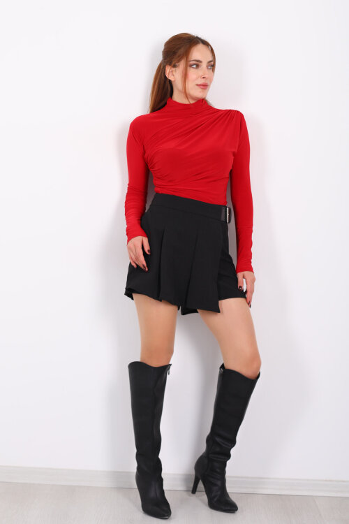 Dik Yaka Büzgü Detaylı Kırmızı Kadın Sandy Bluz - 6