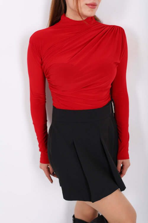 Dik Yaka Büzgü Detaylı Kırmızı Kadın Sandy Bluz - Berox (1)