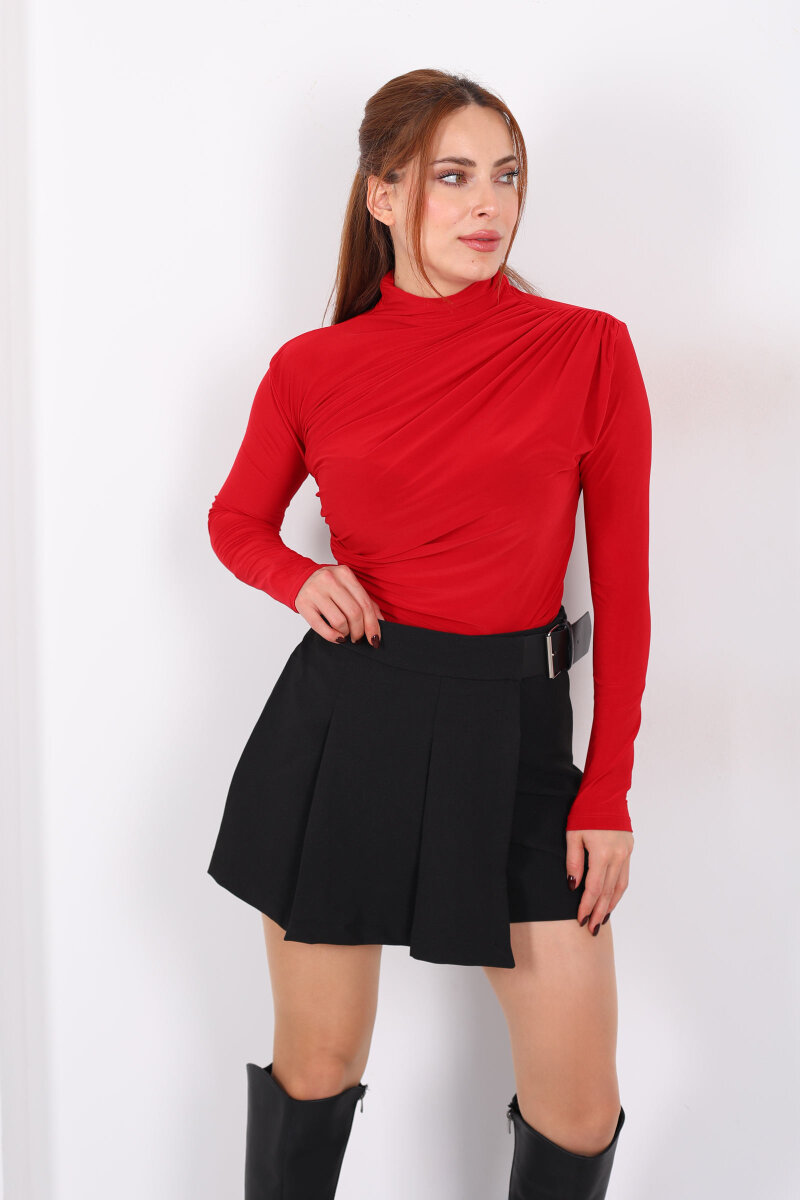 Dik Yaka Büzgü Detaylı Kırmızı Kadın Sandy Bluz - 3