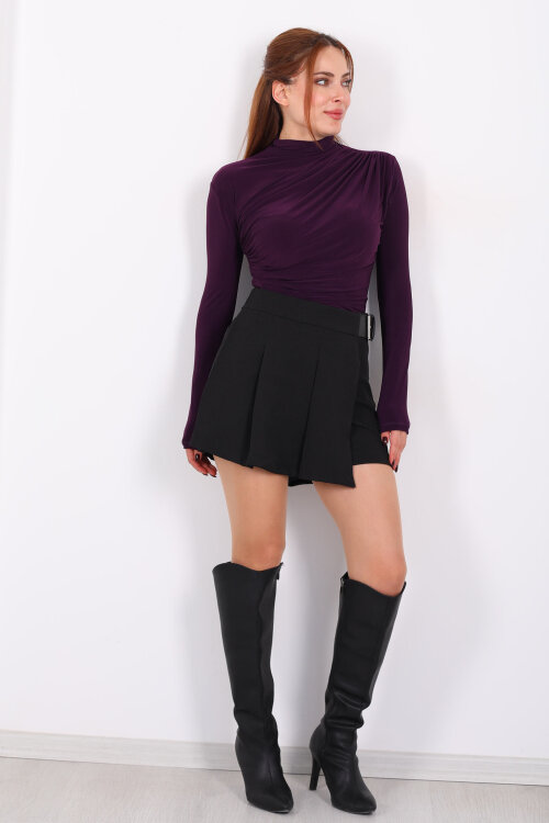 Dik Yaka Büzgü Detaylı Mor Kadın Sandy Bluz - 6