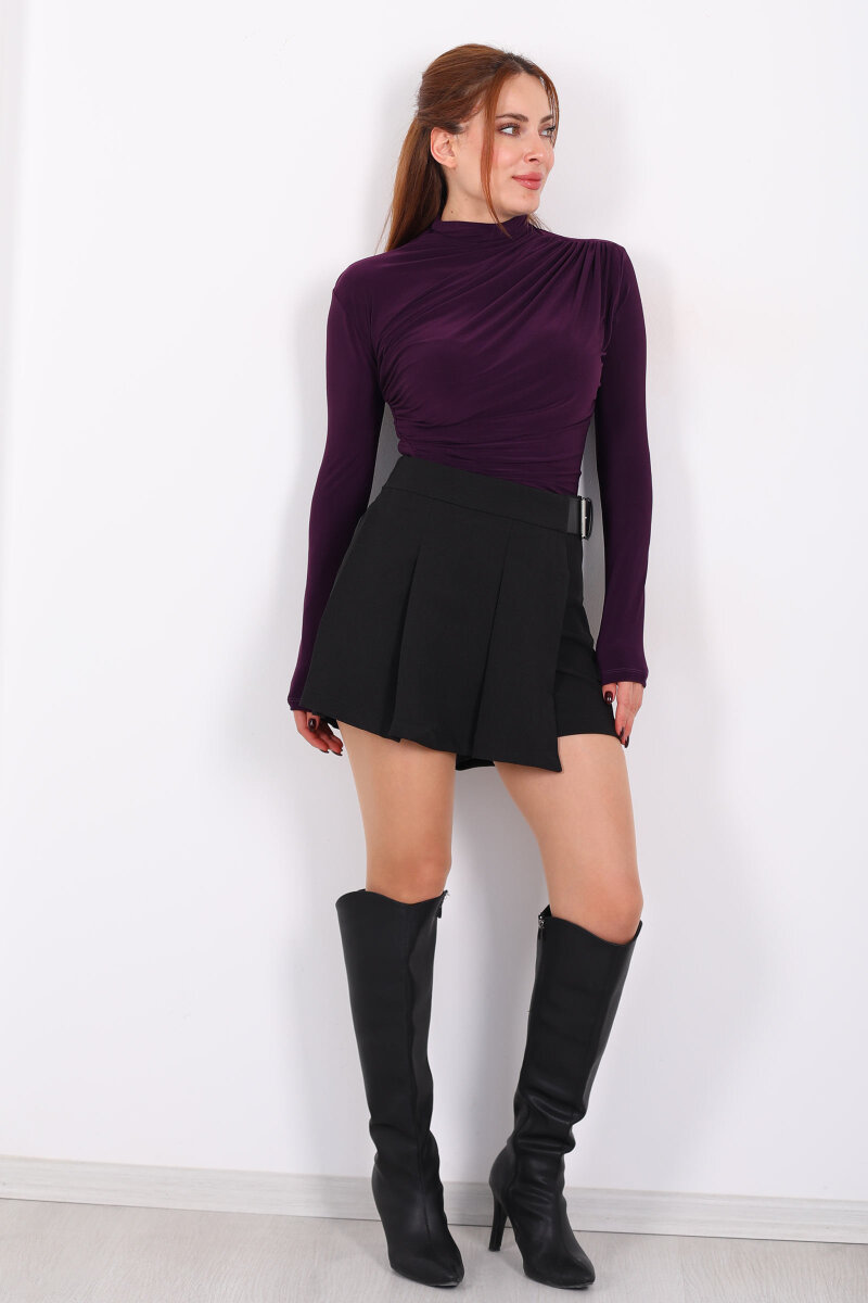 Dik Yaka Büzgü Detaylı Mor Kadın Sandy Bluz - 6