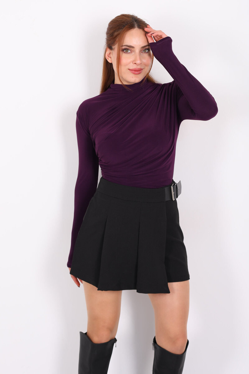 Dik Yaka Büzgü Detaylı Mor Kadın Sandy Bluz - 4