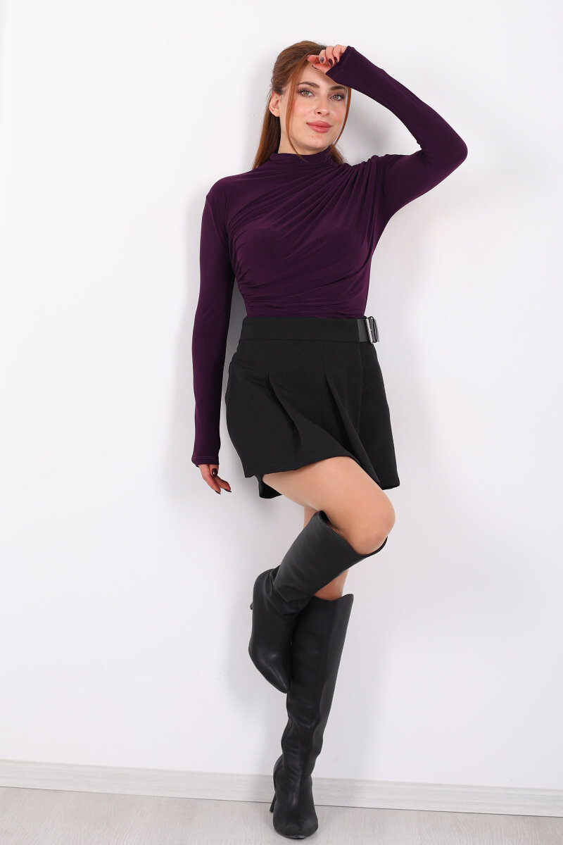 Dik Yaka Büzgü Detaylı Mor Kadın Sandy Bluz - 3