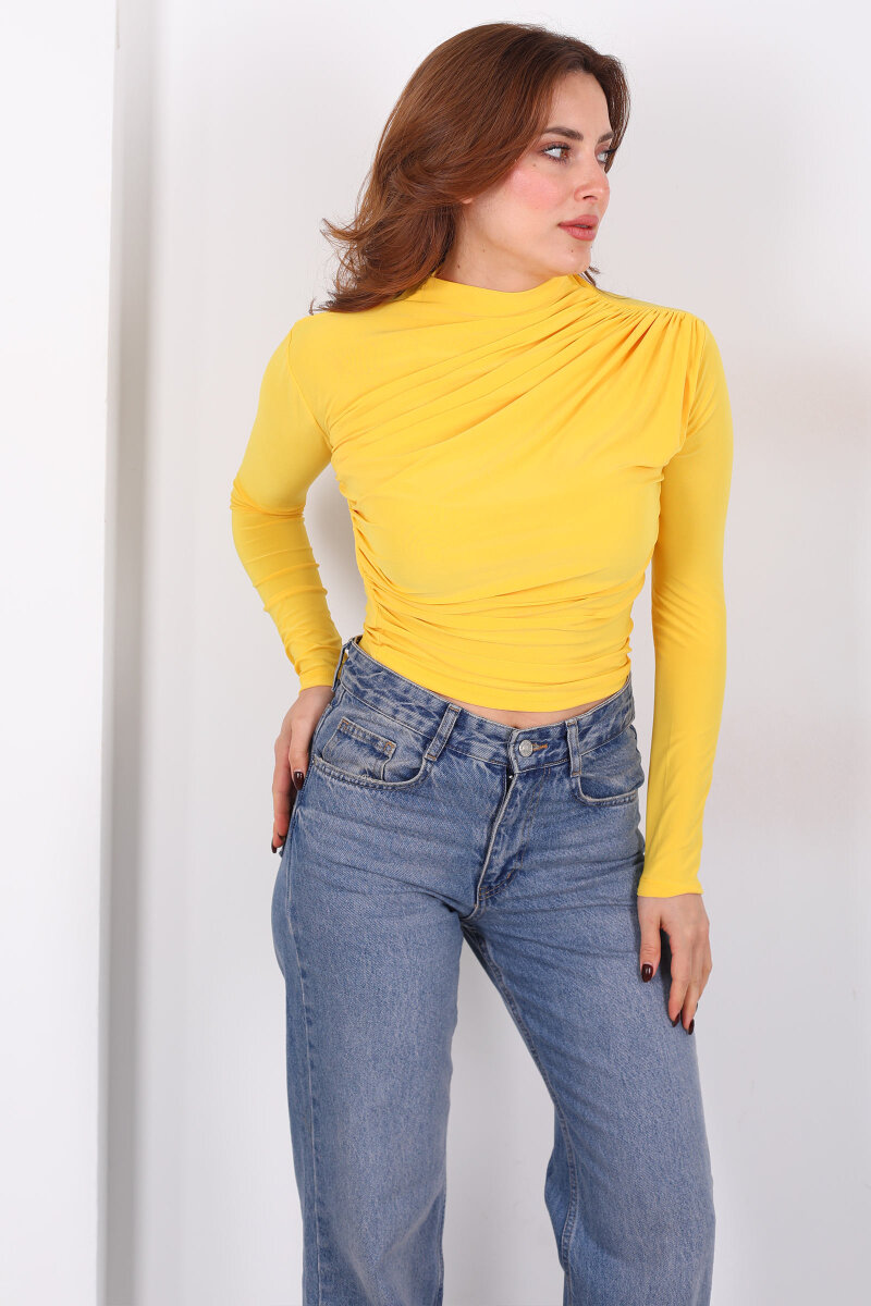 Dik Yaka Büzgü Detaylı Sarı Kadın Sandy Bluz - 1