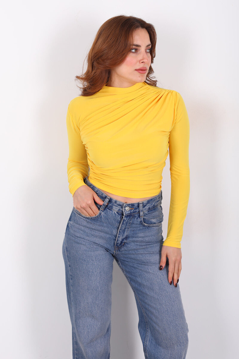 Dik Yaka Büzgü Detaylı Sarı Kadın Sandy Bluz - 5