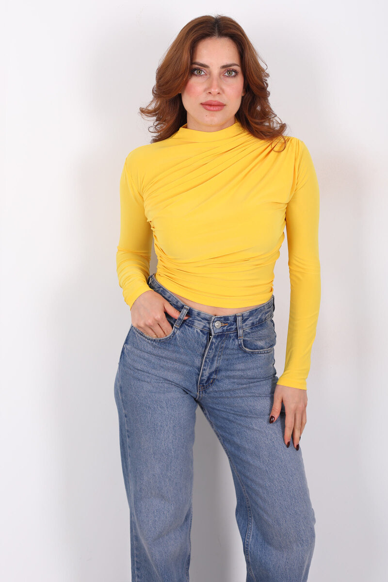 Dik Yaka Büzgü Detaylı Sarı Kadın Sandy Bluz - 3