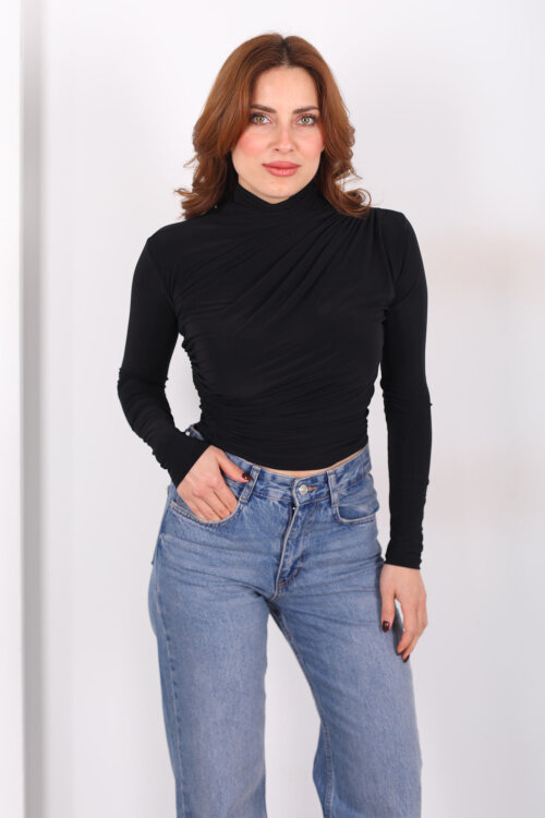 Dik Yaka Büzgü Detaylı Siyah Kadın Sandy Bluz - Berox