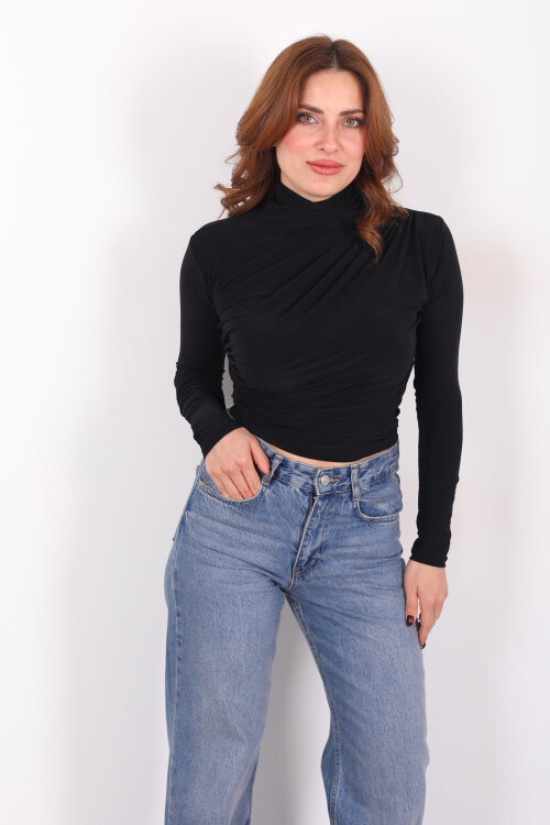 Dik Yaka Büzgü Detaylı Siyah Kadın Sandy Bluz - 5