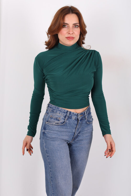 Dik Yaka Büzgü Detaylı Zümrüt Yeşili Kadın Sandy Bluz - 3