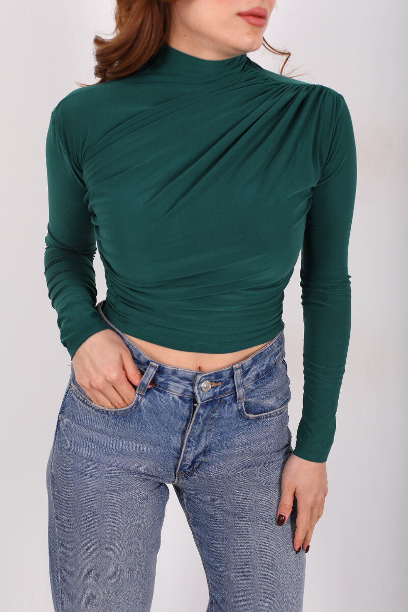 Dik Yaka Büzgü Detaylı Zümrüt Yeşili Kadın Sandy Bluz - 2