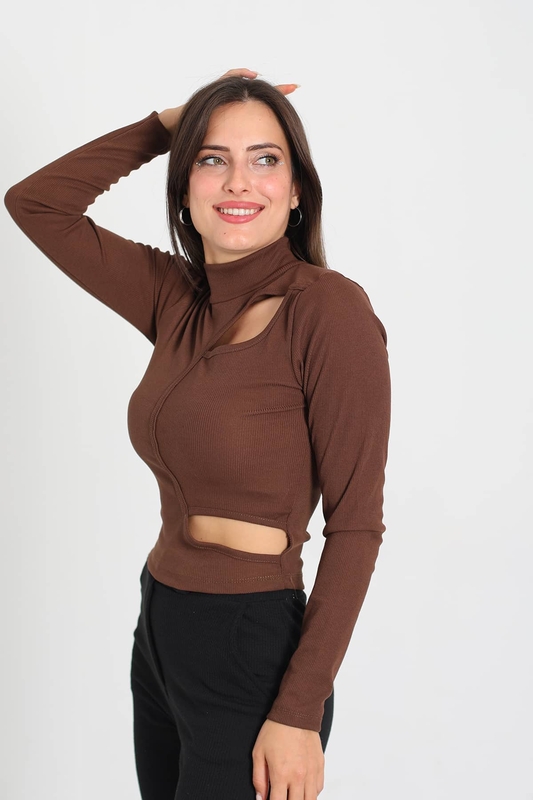 Dik Yaka Dekolteli Kahverengi Kadın Kaşkorse Bluz - 2
