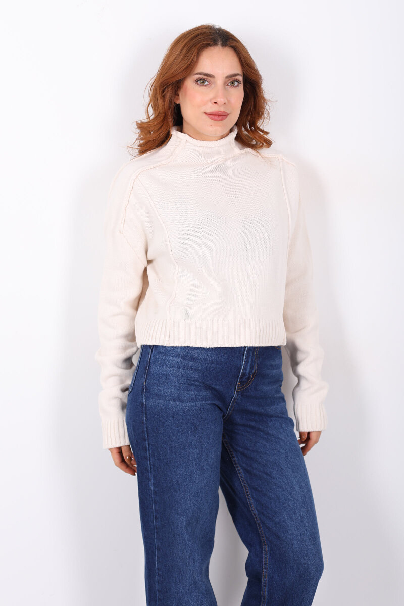 Dik Yaka Dikiş Detaylı Krem Kadın Triko Kazak - 6
