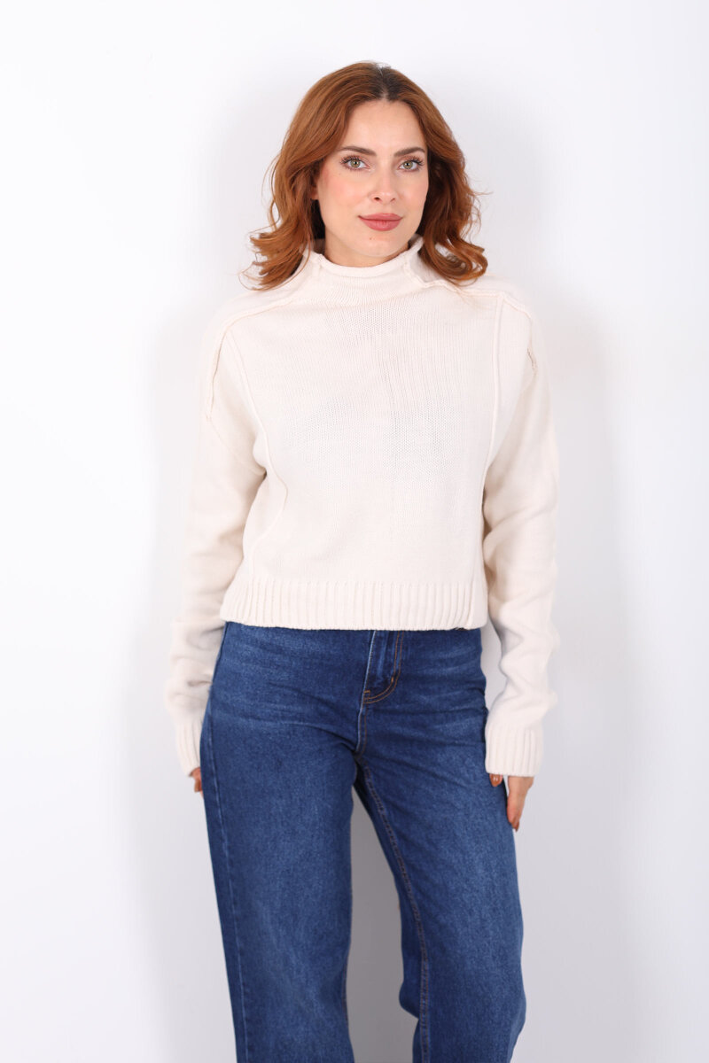 Dik Yaka Dikiş Detaylı Krem Kadın Triko Kazak - 3