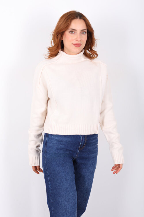 Dik Yaka Dikiş Detaylı Krem Kadın Triko Kazak - 5