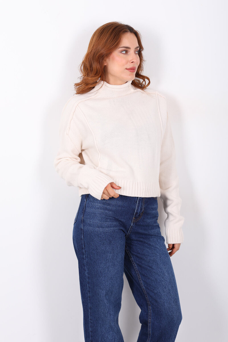 Dik Yaka Dikiş Detaylı Krem Kadın Triko Kazak - 1