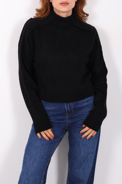 Dik Yaka Dikiş Detaylı Siyah Kadın Triko Kazak - Berox (1)