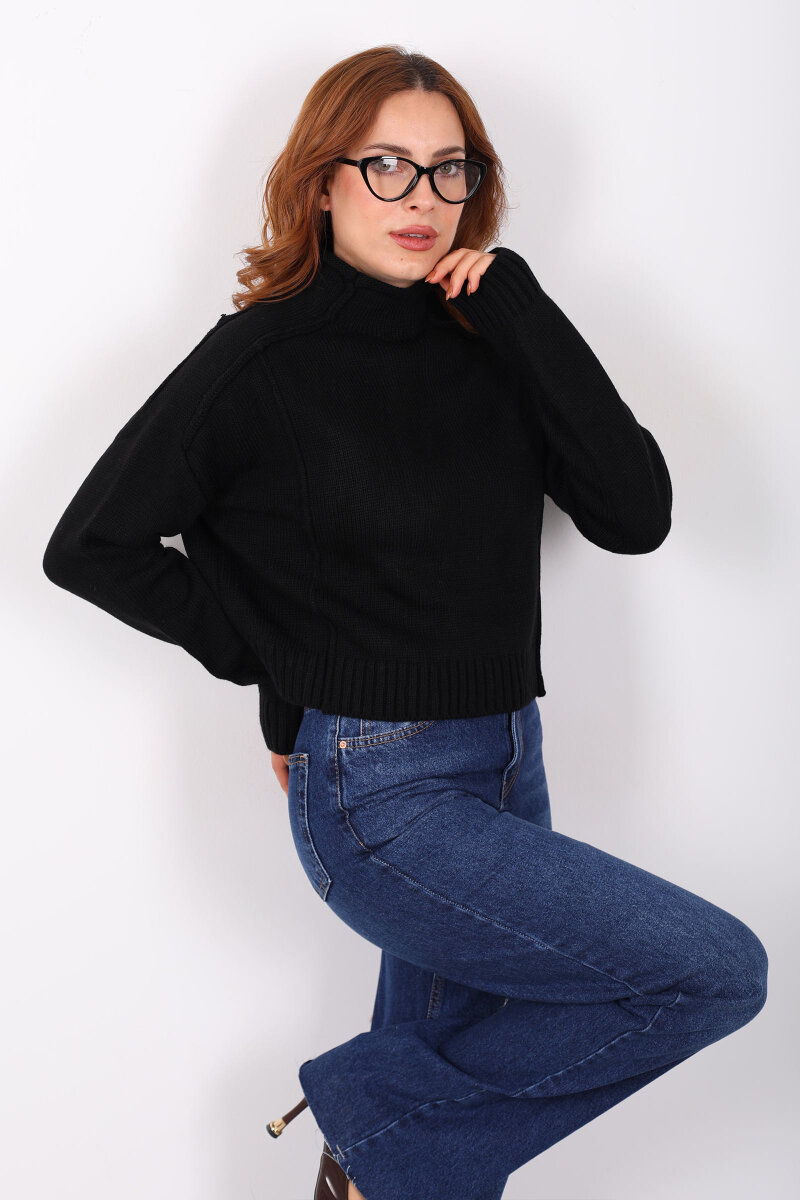 Dik Yaka Dikiş Detaylı Siyah Kadın Triko Kazak - 3