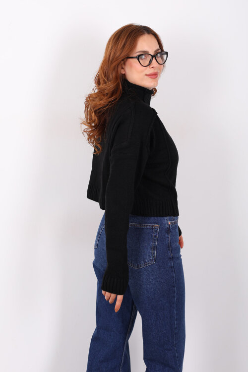 Dik Yaka Dikiş Detaylı Siyah Kadın Triko Kazak - 4