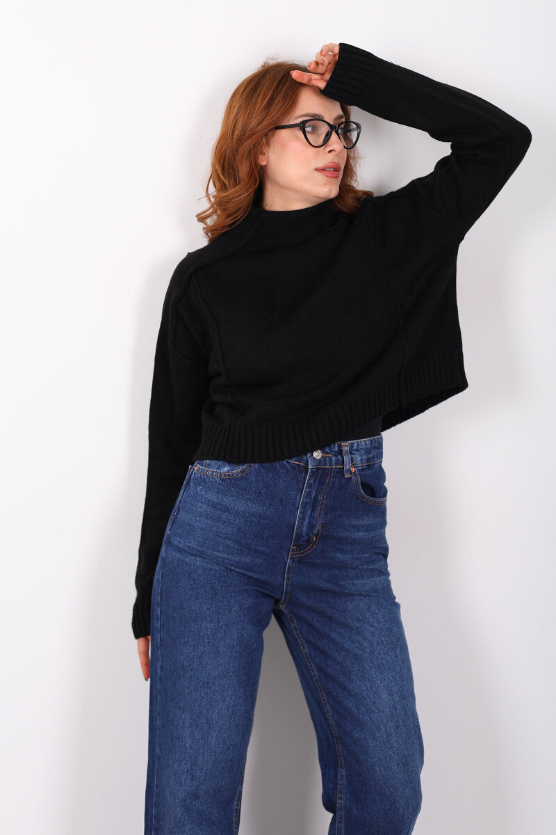 Dik Yaka Dikiş Detaylı Siyah Kadın Triko Kazak - 1