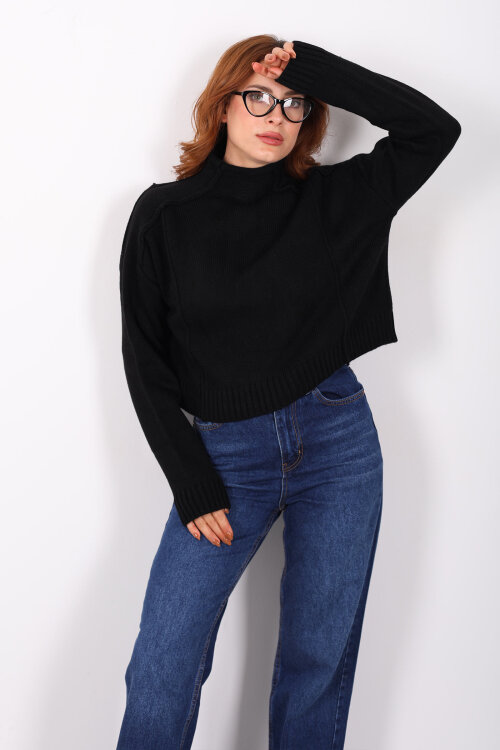 Dik Yaka Dikiş Detaylı Siyah Kadın Triko Kazak - 5