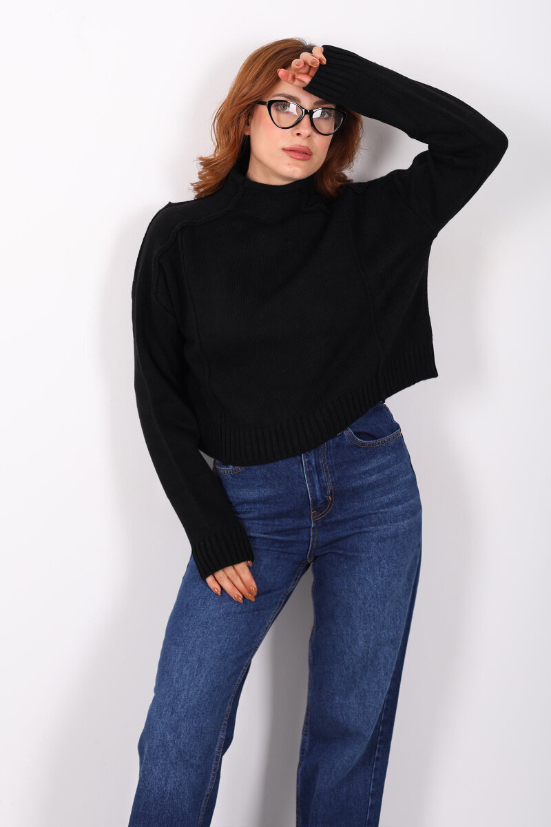 Dik Yaka Dikiş Detaylı Siyah Kadın Triko Kazak - 5