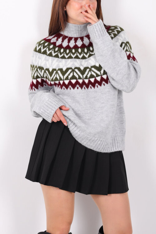 Dik Yaka Etnik Desen Gri Kadın Triko Kazak - Berox (1)
