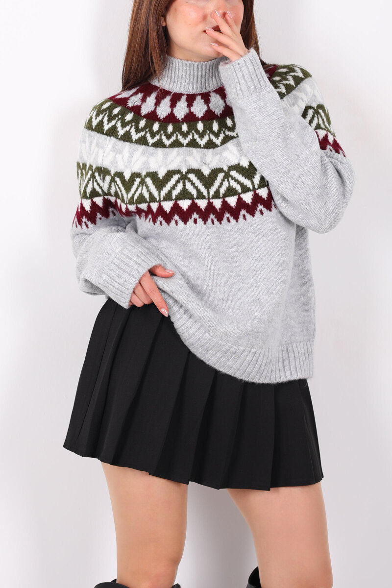 Dik Yaka Etnik Desen Gri Kadın Triko Kazak - 2