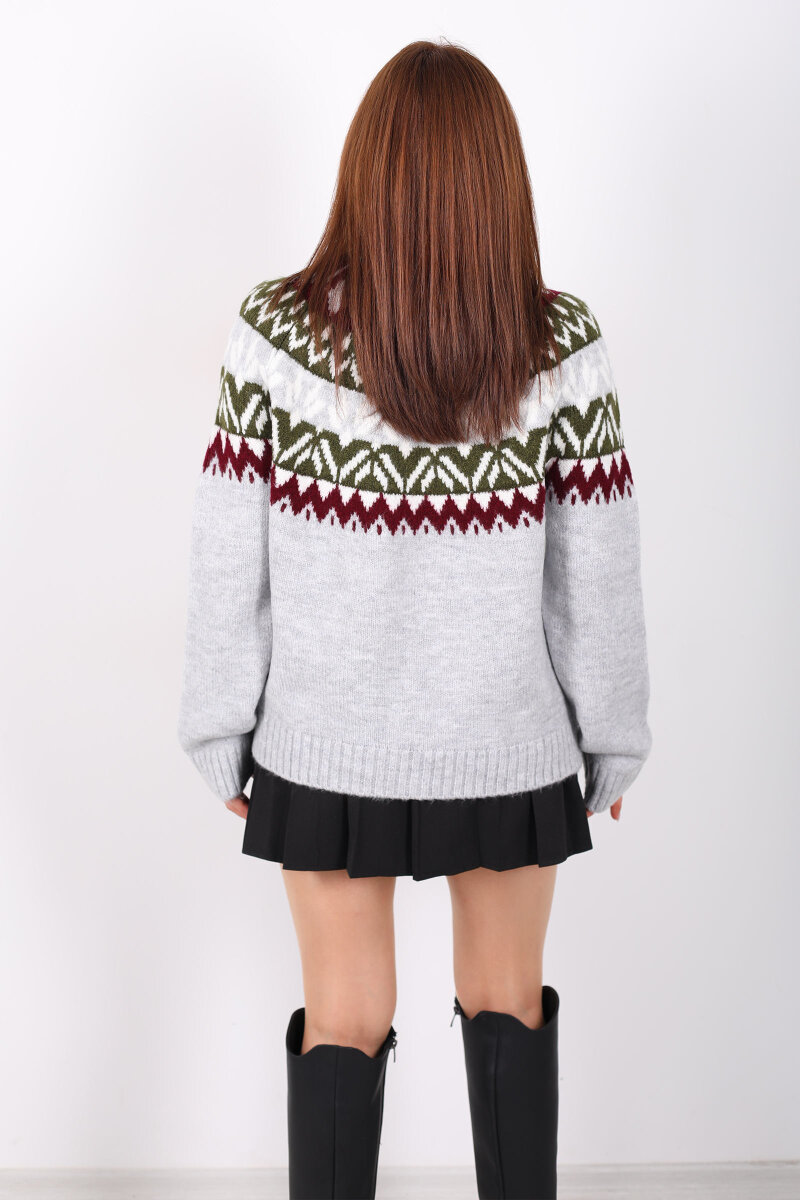 Dik Yaka Etnik Desen Gri Kadın Triko Kazak - 5