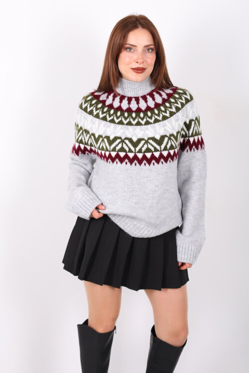 Dik Yaka Etnik Desen Gri Kadın Triko Kazak - 6