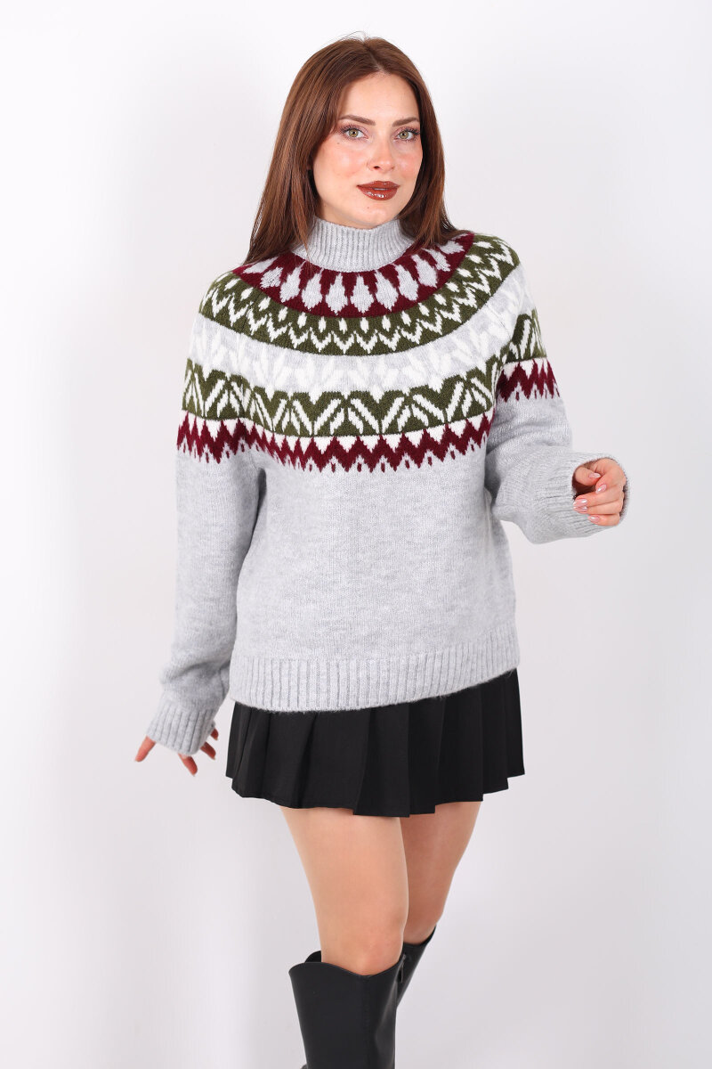Dik Yaka Etnik Desen Gri Kadın Triko Kazak - 3