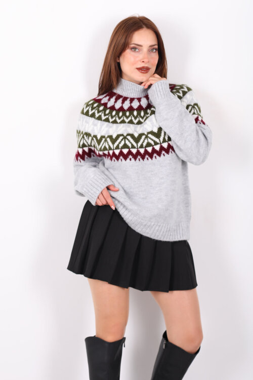 Dik Yaka Etnik Desen Gri Kadın Triko Kazak - Berox