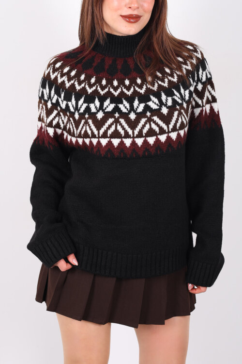 Dik Yaka Etnik Desen Siyah Kadın Triko Kazak - Berox (1)