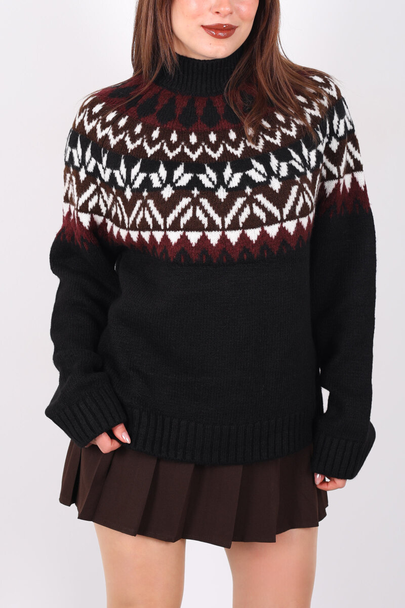 Dik Yaka Etnik Desen Siyah Kadın Triko Kazak - 2