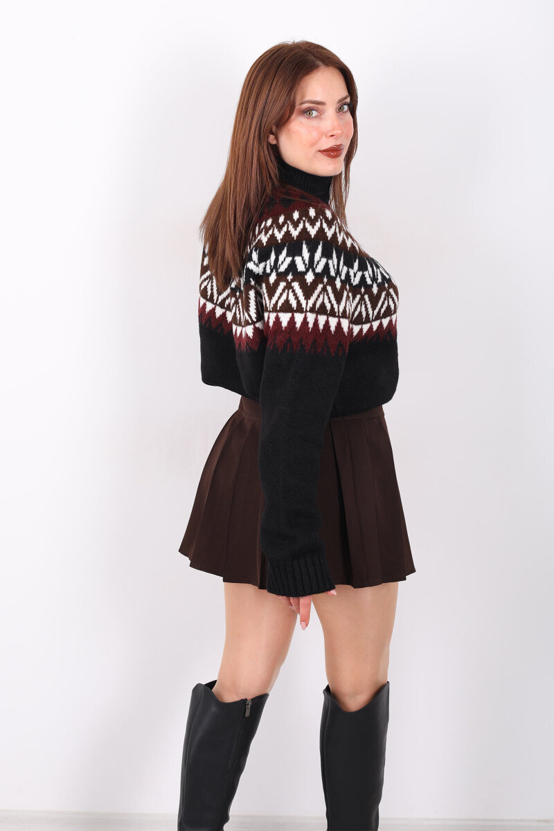 Dik Yaka Etnik Desen Siyah Kadın Triko Kazak - 5