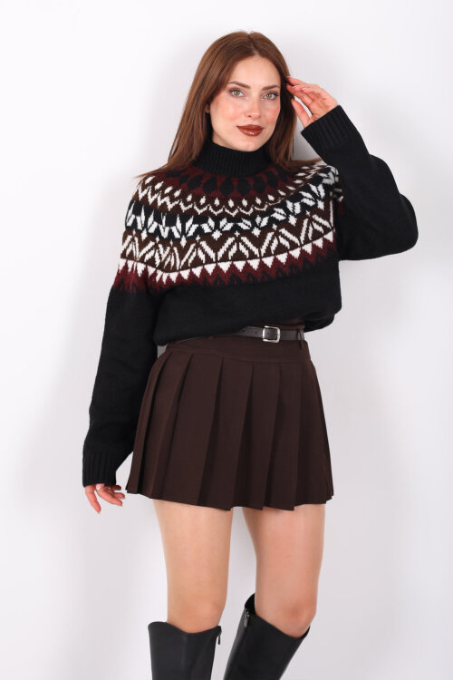Dik Yaka Etnik Desen Siyah Kadın Triko Kazak - Berox