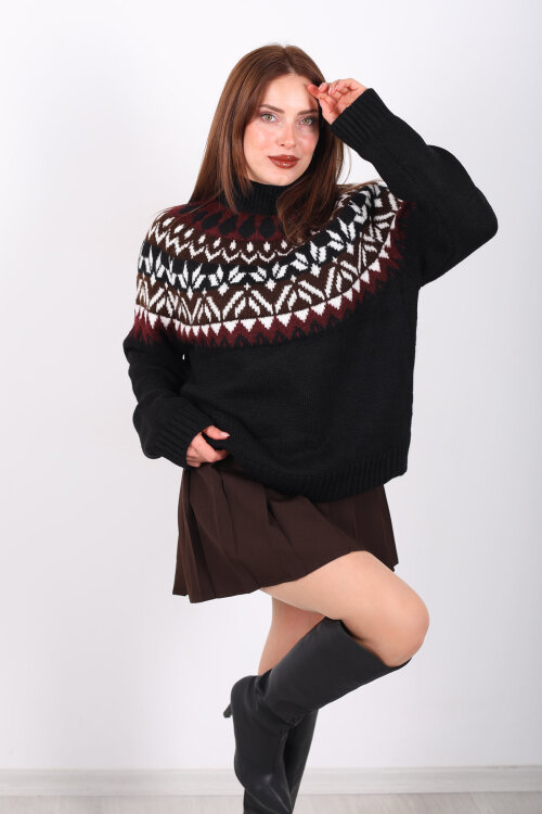 Dik Yaka Etnik Desen Siyah Kadın Triko Kazak - 3