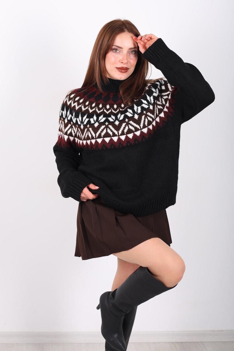 Dik Yaka Etnik Desen Siyah Kadın Triko Kazak - 3