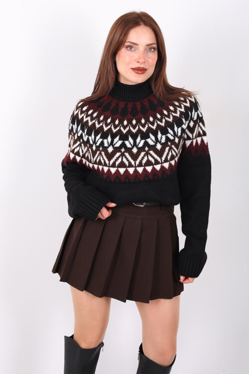 Dik Yaka Etnik Desen Siyah Kadın Triko Kazak - 4