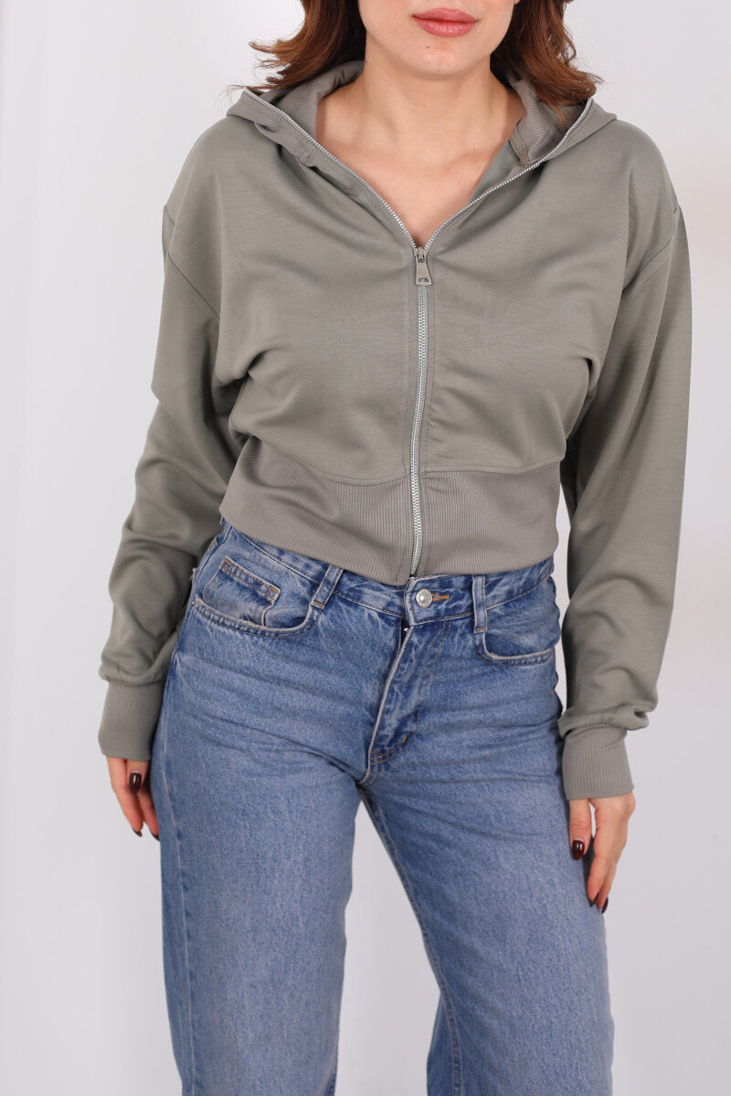 Dik Yaka Haki Kadın Fermuarlı Sweatshirt - 2